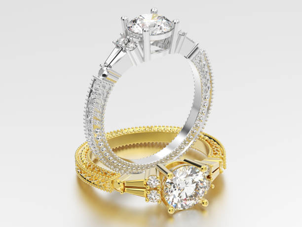istock 3D illustration two yellow and white gold or silver decorative diamond ring with ornament 904527926