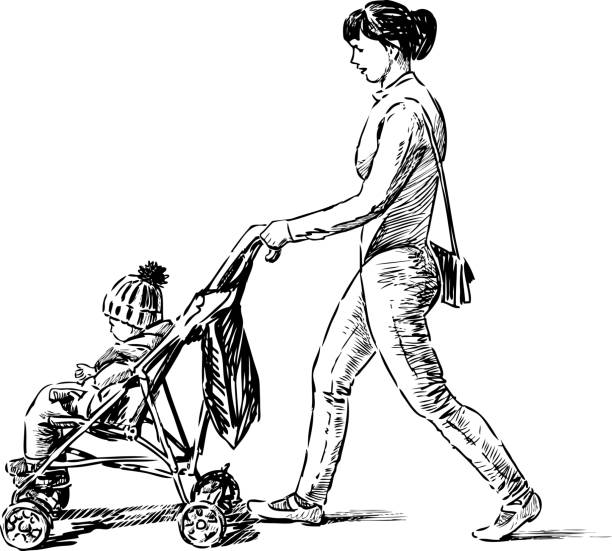 illustrations, cliparts, dessins animés et icônes de mère se promène avec son enfant - mother baby carriage women walking