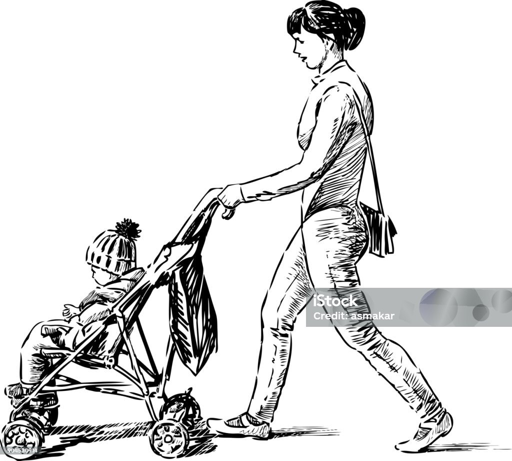 Mother strolls with her child Vector drawing of a woman with his baby going on a walk. Women stock vector