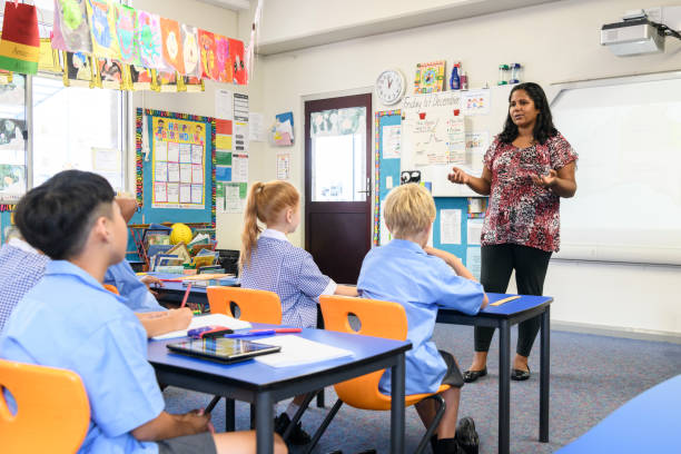 istock Aboriginal teacher standing at front of classroom and explaining to children 904531550