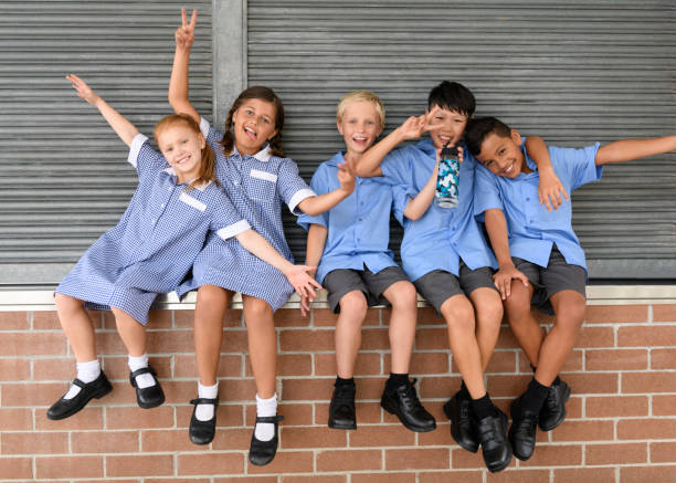 Five school friends sitting on brick wall pulling faces and smiling towards camera Multi ethnic children outside school with arms out and arms around each other posing for a photo australian culture photos stock pictures, royalty-free photos & images