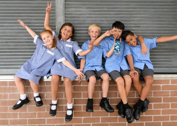 Photo of Five school friends sitting on brick wall pulling faces and smiling towards camera