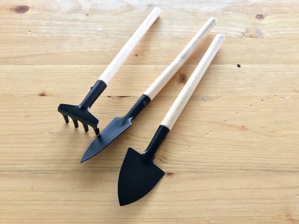 małe narzędzie ogrodnicze na drewnianej podłodze dla dzieci - shovel spring claw hobbies zdjęcia i obrazy z banku zdjęć