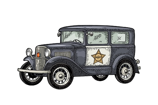 Retro police car sedan with sheriff star. Side view. Vintage color engraving illustration for poster, web. Isolated on white background. Hand drawn design element for label and poster