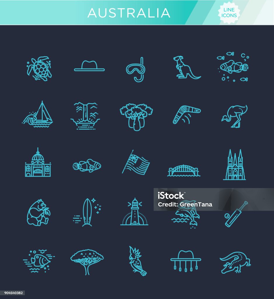 Vector graphic set. Australian culture, animals, traditions. Sign, element, emblem, symbol Australian continent. Web site template Australia stock vector