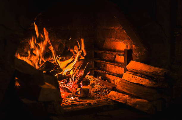 istock Burning fire in open fireplace with wooden fuel (firewood) 904554114