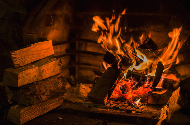 istock Burning fire in open fireplace with wooden fuel (firewood) 904554116