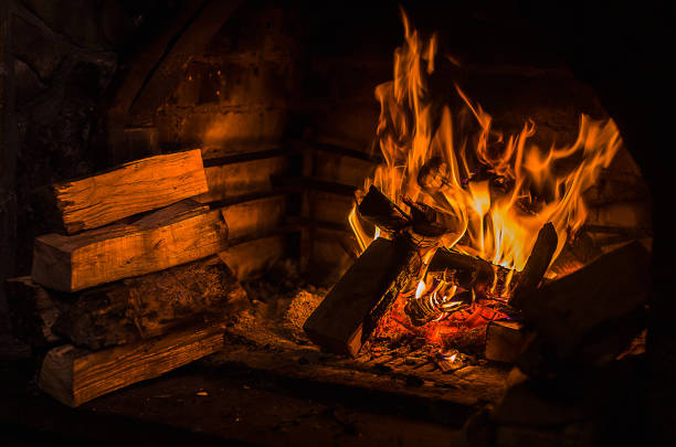 istock Burning fire in open fireplace with wooden fuel (firewood) 904554118