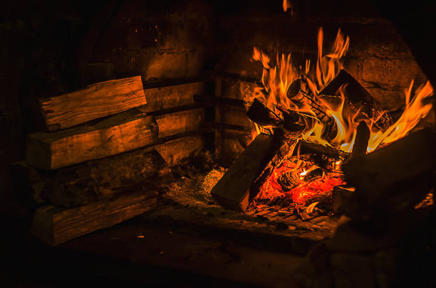 istock Burning fire in open fireplace with wooden fuel (firewood) 904554130