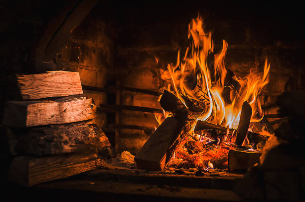 나무 연료 (장작)와 오픈 벽난로 있는 불타는 불 - log fire 뉴스 사진 이미지