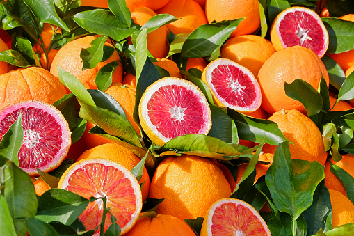 Fresh blood oranges - citrus fruit. Seen on Sicilian Market