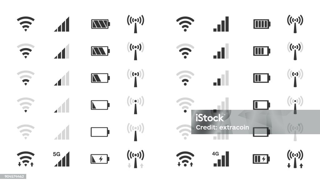 Wi-Fi nível ícones, indicador de força do sinal, carga da bateria - Vetor de Ícone de Computador royalty-free