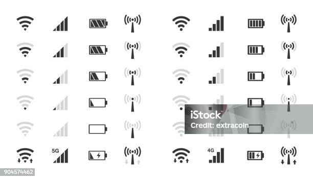 Vetores de Wifi Nível Ícones Indicador De Força Do Sinal Carga Da Bateria e mais imagens de Ícone de Computador