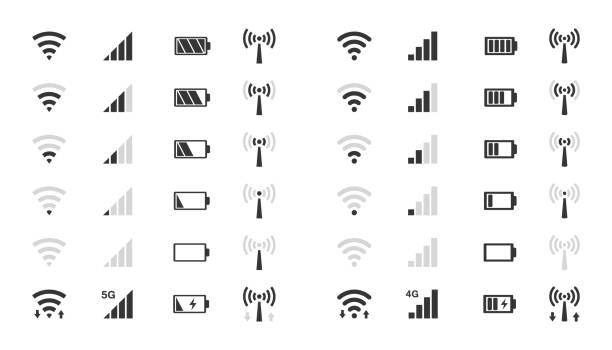 wifi level icons, signal strength indicator, battery charge mobile phone system icons, wifi signal strength, battery charge level radio wave stock illustrations
