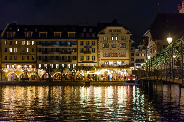 Lucerne, Switzerland - 2 December 2017: Illuminated houses during Christmas time at Lucerne, Switzerland.