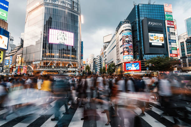 tokio shibuya nachtleben - crosswalk crowd activity long exposure stock-fotos und bilder