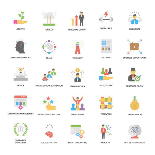 Success and Opportunities Flat Vector Icons Set These flat vector icons set of success and opportunities are creative in nature and in addition to that these icons have depth in each design. The diverse success and opportunity related flat icons are part of this very pack. job description stock illustrations