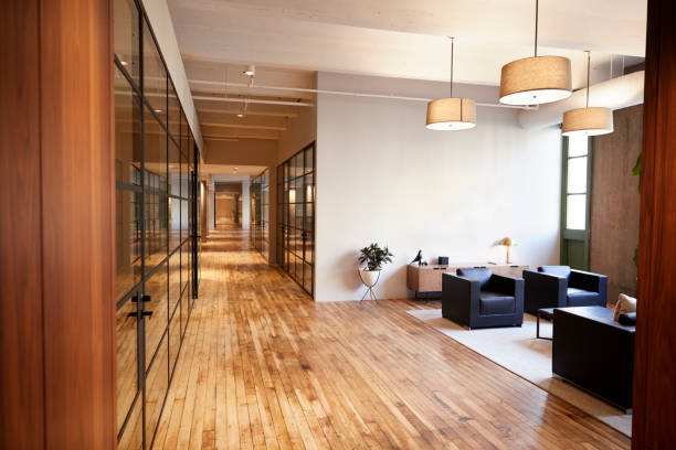 empty lounge and meeting area in luxury business premises - átrio imagens e fotografias de stock