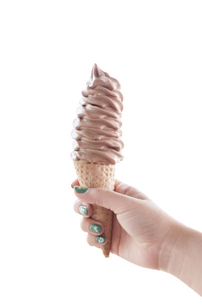 istock Woman hand holding chocolate ice cream in a cone isolated on white 904598478