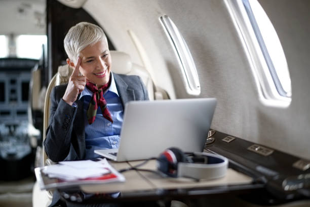 istock Businesswoman in private jet airplane 904602438