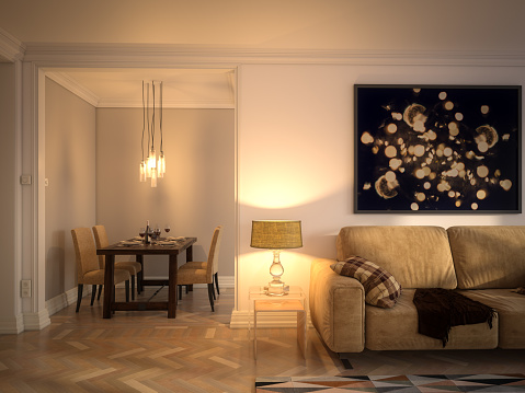 Digitally generated luxury Scandinavian interior scene with high quality furniture.