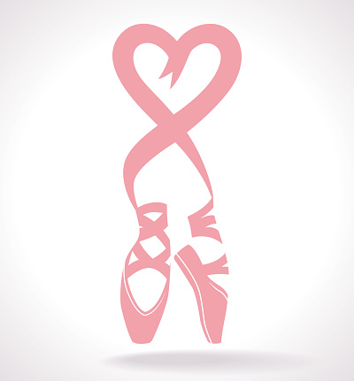 Vector Illustration Clip Art of the feet of a bellerina in Pointe. The ribbons of the shoes form a bow and the shape of a heart