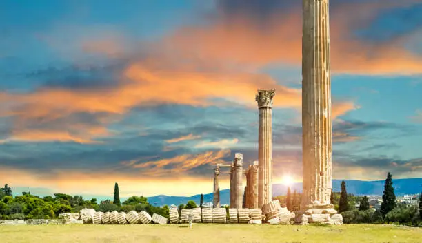 Photo of Olympian Zeus columns  ruins,sunset,  in Athens  Greece