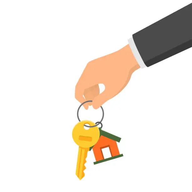 Vector illustration of Hand holding a key and a fob. Concept of buying or renting a new house or apartment. Vector illustration in flat style