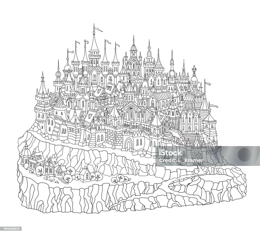 Vector cartoon fairy tale rocky island landscape with castle, houses and trees. Hand drawn black and white doodle sketch. Tee shirt fantasy print. Adults and children coloring book page Black And White stock vector