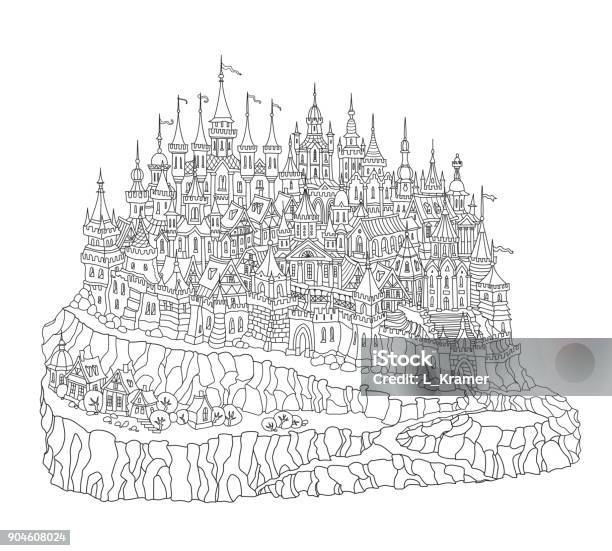 Vector Cartoon Fairy Tale Rocky Island Landscape With Castle Houses And Trees Hand Drawn Black And White Doodle Sketch Tee Shirt Fantasy Print Adults And Children Coloring Book Page Stock Illustration - Download Image Now