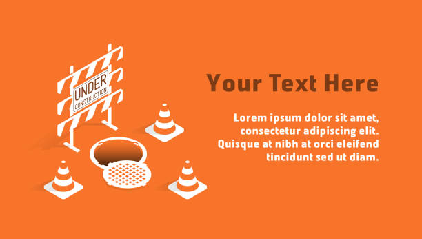 Under construction concept with barricade, manhole and traffic cones in orange and white tones. Isometric template with sample text Under construction concept with barricade, manhole and traffic cones in orange and white tones. Isometric template with sample text sawhorse stock illustrations