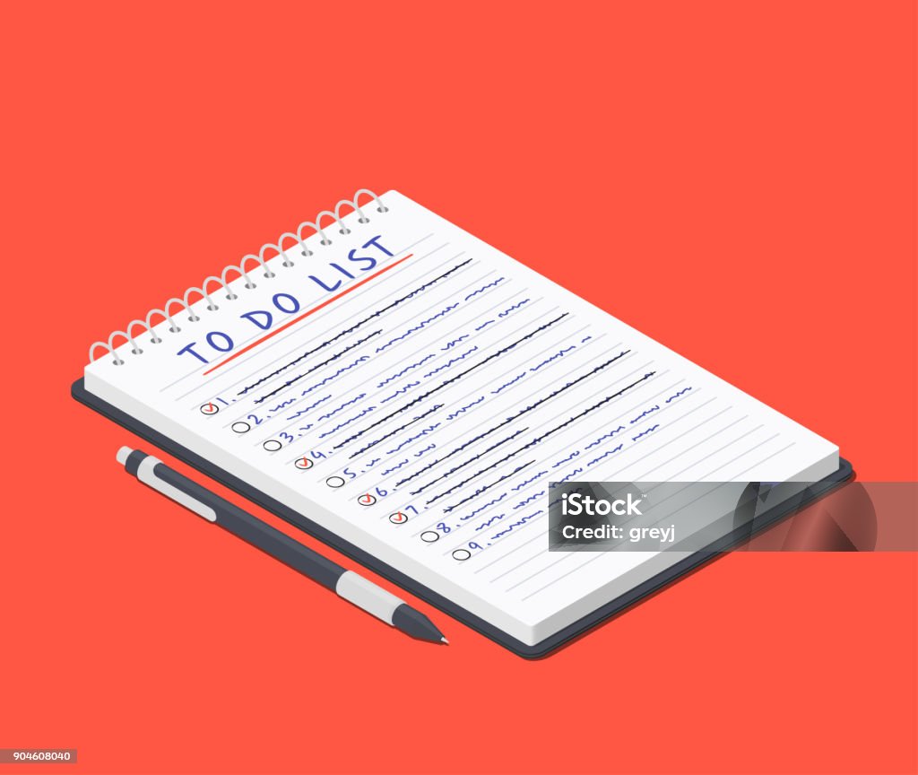 To do list on the notepad and pen lying nearby. Isometric vector illustration To Do List stock vector