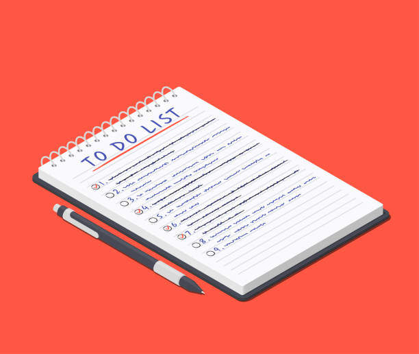To do list on the notepad and pen lying nearby. Isometric vector illustration To do list on the notepad and pen lying nearby. Isometric vector illustration to do list stock illustrations