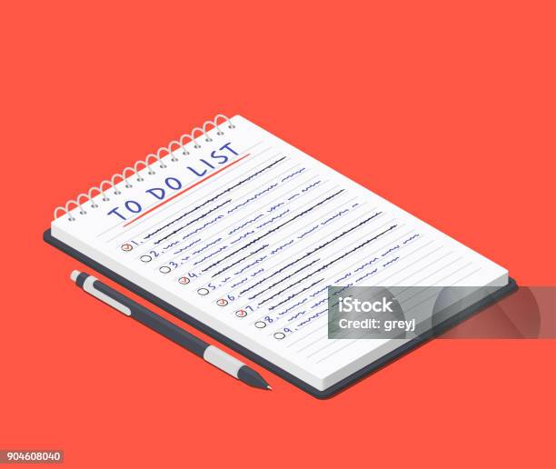 To Do List On The Notepad And Pen Lying Nearby Isometric Vector Illustration Stock Illustration - Download Image Now