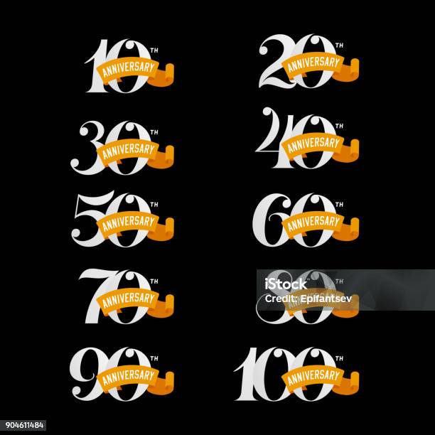 Set Of Anniversary Signs From 10th To 100th White Numbers Stock Illustration - Download Image Now