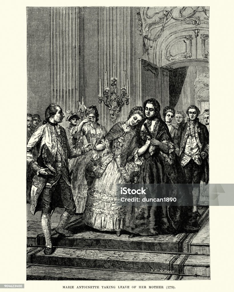 Marie Antoinette taking leave of her mother, 1770 Vintage engraving of Marie Antoinette taking leave of her mother, the  Empress Maria Theresa, 1770 Marie Antoinette stock illustration