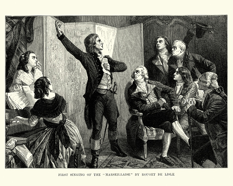 Vintage engraving of Rouget de Lisle sings la Marseillaise for the first time. Claude Joseph Rouget de Lisle (10 May 1760 – 26 June 1836), was a French army officer of the French Revolutionary Wars. He is known for writing the words and music of the Chant de guerre pour l'armee du Rhin in 1792, which would later be known as La Marseillaise and become the French national anthem.