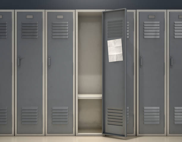 Shool Locker With Blank Note A row of metal school lockers with one open door and a blank page note taped to the inside - 3D render locker stock pictures, royalty-free photos & images