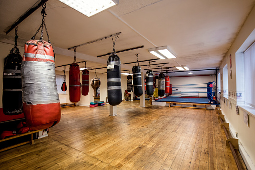 Open plan gym with a boxing ring and several varieties of punch bags hanging from the ceiling. The room looks tidy. No People