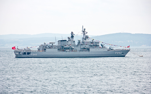 Kanagawa Prefecture, Japan - May 03, 2022:Japan Maritime Self-Defense Force JS Mogami (FFM-1), Mogami-class frigate entering Yokosuka Port in Japan.