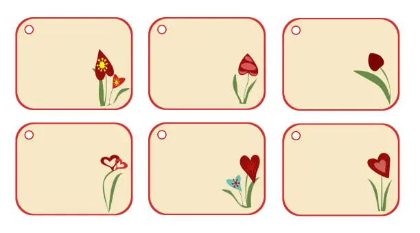Vector illustration of Set of empty price tag, gift labels for present, flower bouquets.