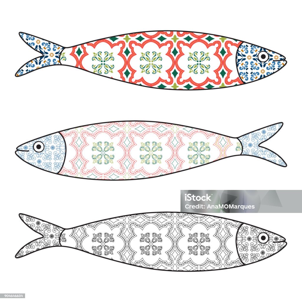 Traditional Portuguese icon. Colored sardines with typical Portuguese tiles patterns. Vector illustration Sardine stock vector
