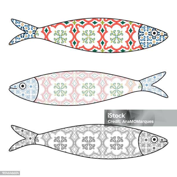 Traditional Portuguese Icon Colored Sardines With Typical Portuguese Tiles Patterns Vector Illustration Stock Illustration - Download Image Now