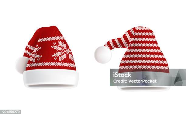 Vector Set Of Two Knitted Santa Hats With Pattern Stock Illustration - Download Image Now - Knit Hat, Christmas, Backgrounds