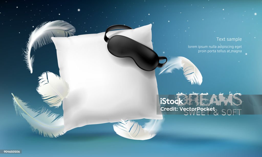 Vector 3d realistic white pillow illustration Vector 3d realistic illustration with white pillow, sleep mask, feathers, isolated on blue night background. Soft cushion for comfortable sleep and sweet dreaming. Mockup for presentation your product Pillow stock vector