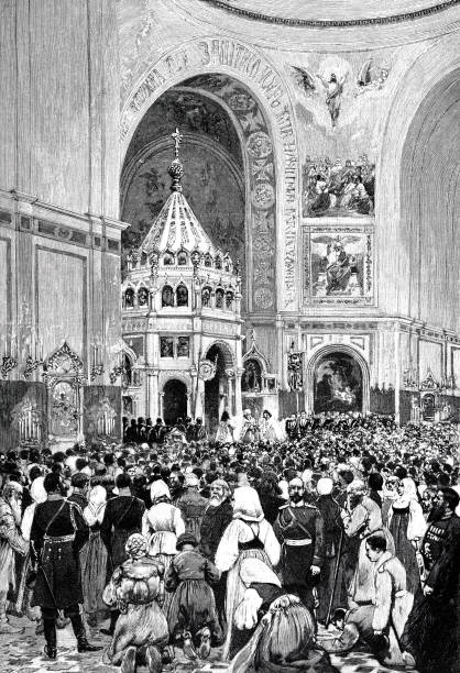 ilustraciones, imágenes clip art, dibujos animados e iconos de stock de en el día de la ascensión en la iglesia del redentor en moscú - día de accesión al trono