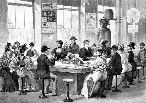 ilustrações, clipart, desenhos animados e ícones de refeitório em chicago: pessoas sentadas no bar comendo e bebendo - 1897