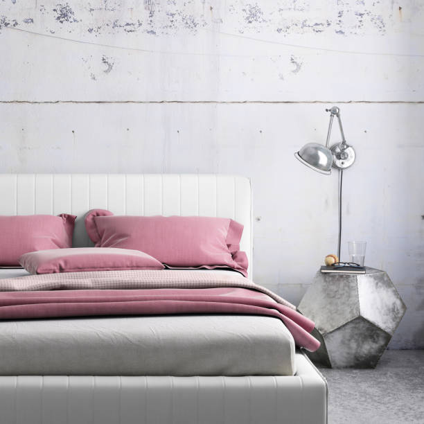 istock Bed with nightstand and wall lamp template 904651344
