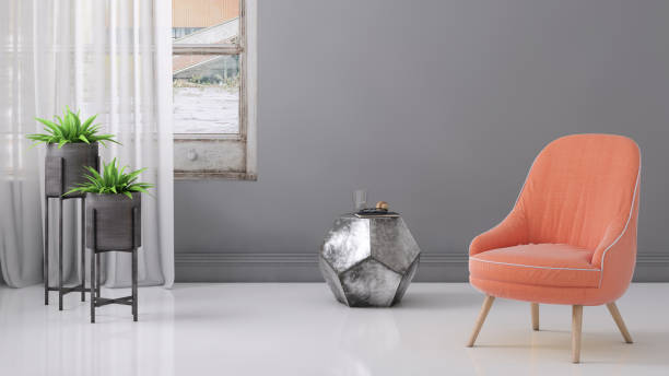 istock Pastel colored armchair with coffee table, window and blank wall template 904651366