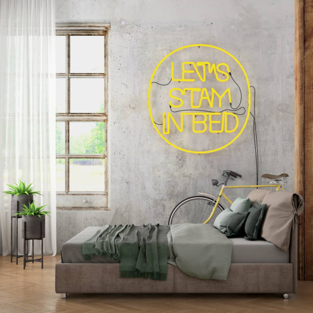 Bedroom interior Bedroom interior background, render with bed, window with curtain, plant in a vase, bicycle, and blank wall for copy space. Red neon sign on the wall. template background mock up neon bedroom stock pictures, royalty-free photos & images